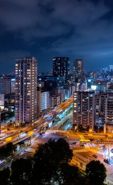 Minato, Tokyo, Japonya 'dan geçen gökdelenler ve otoyollar