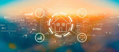 Gün batımında ya da gün doğumunda bulanık şehir manzaralı bir emlak teması