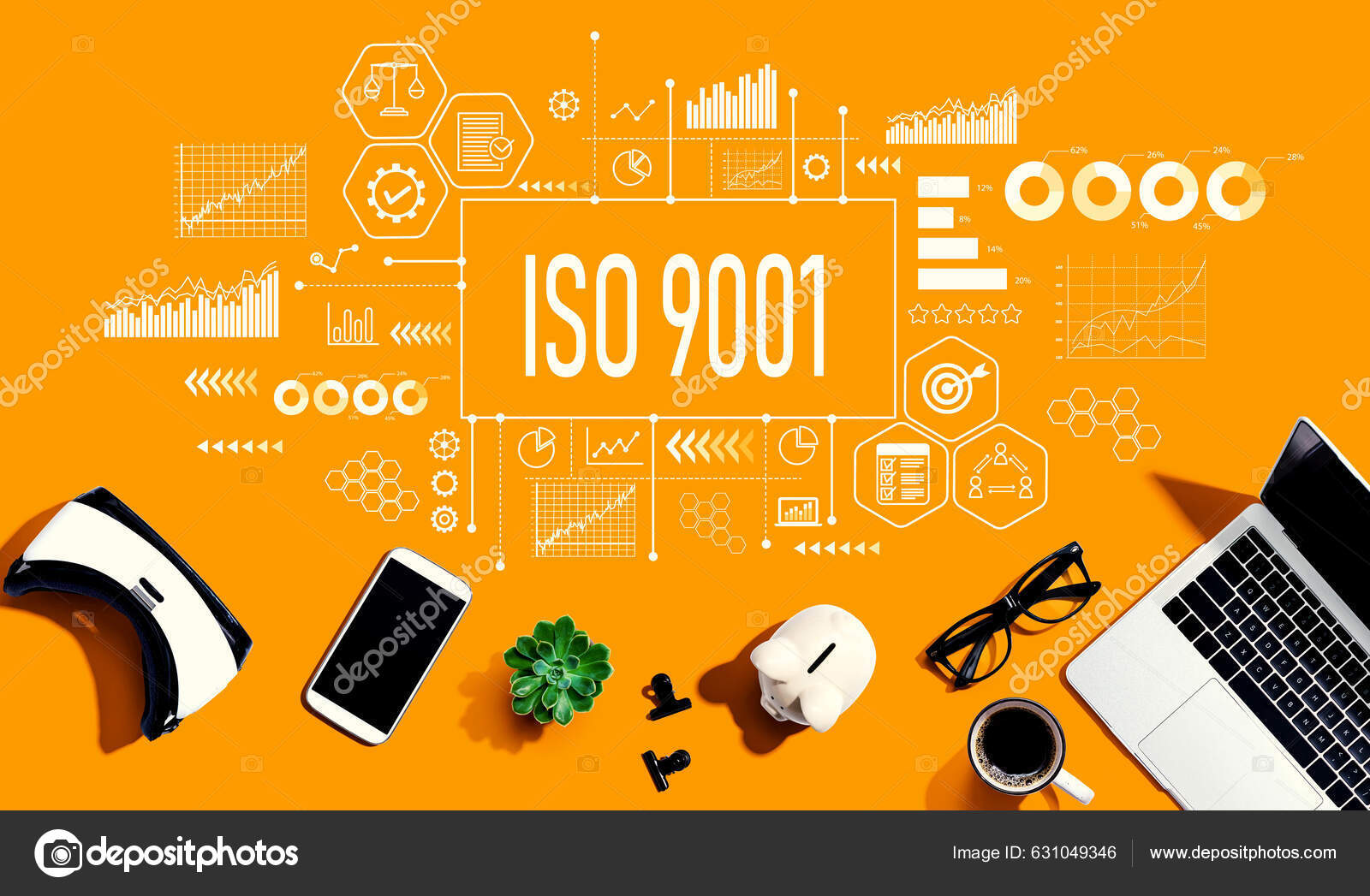 Iso 9001 Theme Electronic Gadgets Office Supplies Flat Lay Stock Photo by  ©Melpomene 631049346