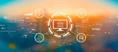 Gün batımında veya gün doğumunda bulanık şehir manzarası olan kripto para birimi fintech teması