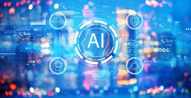 Gece bulanık şehir ışıklarıyla yapay zeka kavramı