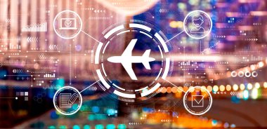 Gece büyük şehir ışıkları ile uçak bileti rezervasyonu konsepti