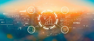 Content marketing concept with blurred cityscape at sunset or sunrise