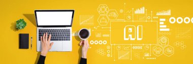Bir dizüstü bilgisayar kullanan kişi ile yapay zeka teması