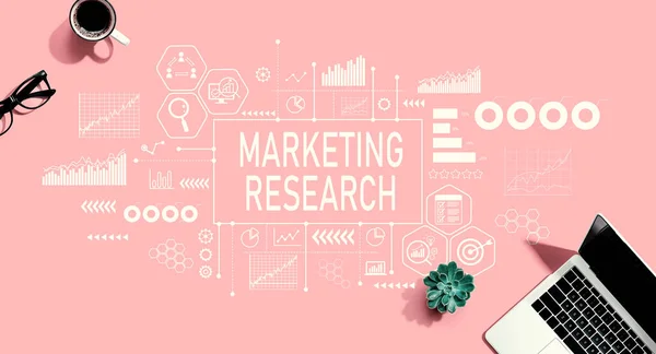 Marketing Research theme with a laptop computer on a pink background