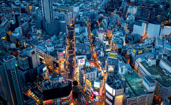 Aerial View of Shibuya, Tokyo, Japan at sunset
