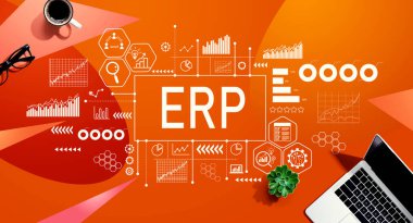 ERP - Enterprise resource planning theme with a laptop computer on a orange pattern background clipart