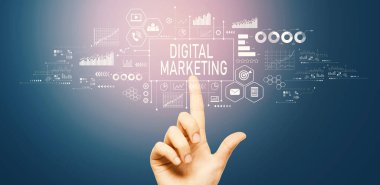 Digital marketing with hand pressing a button on a technology screen