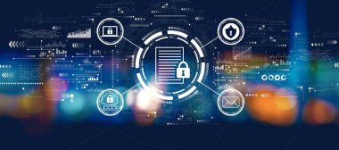 Gece bulanık şehir ışıkları ile veri koruma kavramı