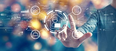 Remote Work theme with man on blurred blue city light background