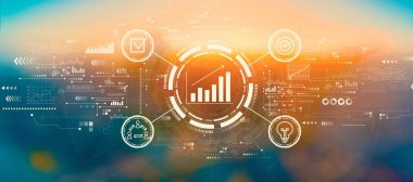 Marketing concept with blurred cityscape at sunset or sunrise