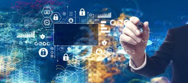 Cyber security theme with businessman in a bokeh neon light trails city night background