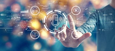 Podcast theme with man on blurred blue city light background