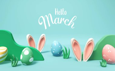 Hello March message with rabbit ears and Easter eggs