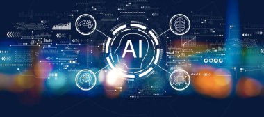 Gece bulanık şehir ışıklarıyla yapay zeka kavramı