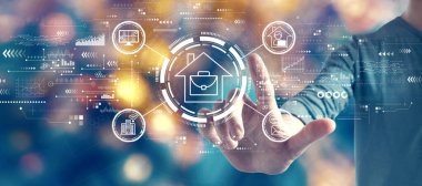 Telework theme with man on blurred blue city light background