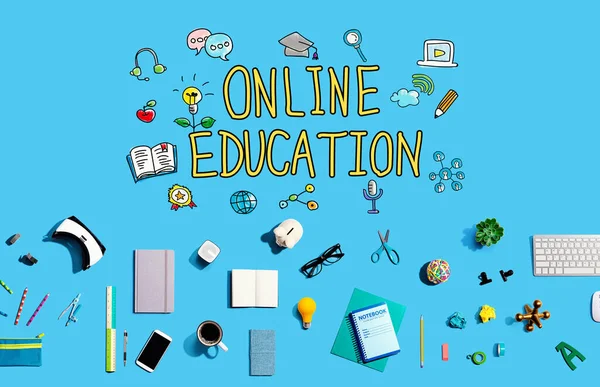 Online education with collection of electronic gadgets and office supplies