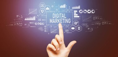 Digital marketing with hand pressing a button on a technology screen