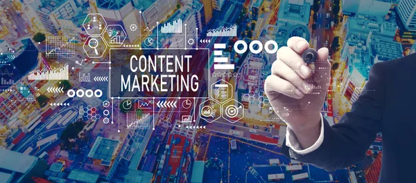 Content Marketing Theme Businessman City Night — Stockfoto