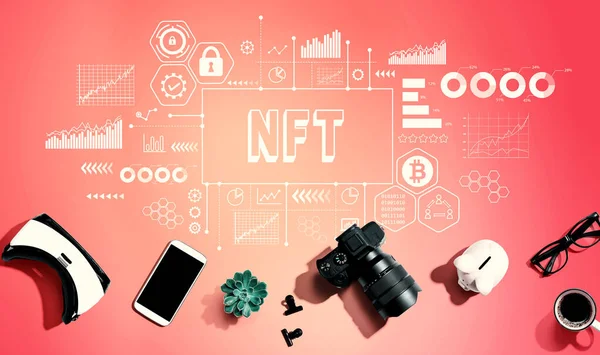 Nft Theme Electronic Gadgets Office Supplies Flat Lay — Foto Stock