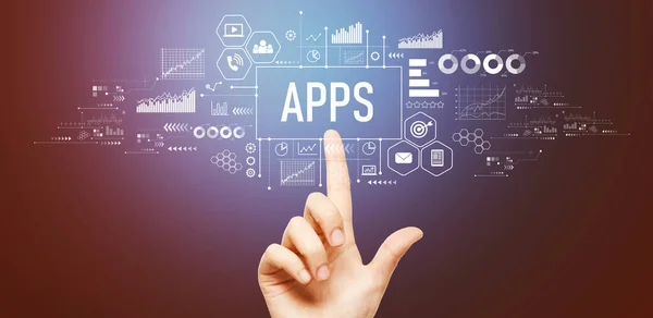 Apps Tema Com Mão Pressionando Botão Uma Tela Tecnologia — Fotografia de Stock