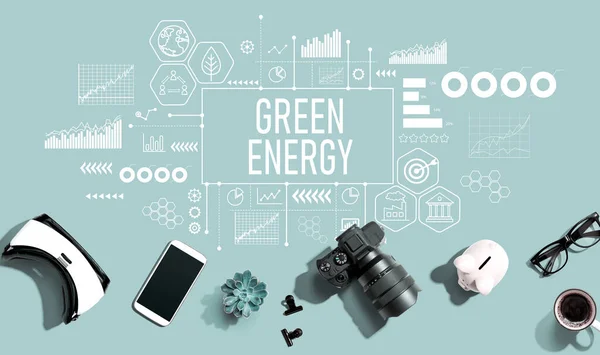 Koncepcja Zielonej Energii Elektronicznymi Gadżetami Materiałami Biurowymi Układanie Płaskie — Zdjęcie stockowe