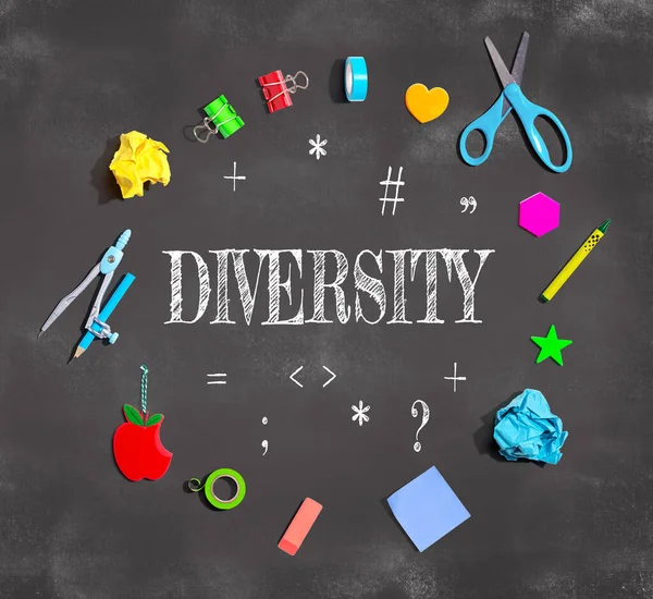 Diversity Theme School Supplies Chalkboard Flat Lay — Foto Stock