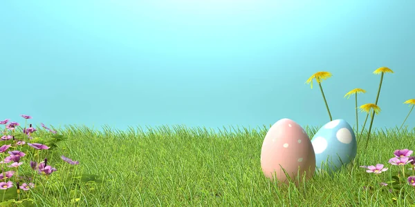 Πολύχρωμο Χέρι Διακοσμημένα Πασχαλινά Αυγά Ανοιξιάτικο Γρασίδι Και Λουλούδια — Φωτογραφία Αρχείου