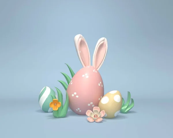 Coloridos Huevos Pascua Decorados Mano Con Orejas Conejo Colores Pastel — Foto de Stock