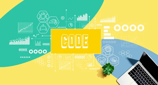 Code Mit Einem Laptop Computer Auf Gelbem Grünem Und Blauem — Stockfoto