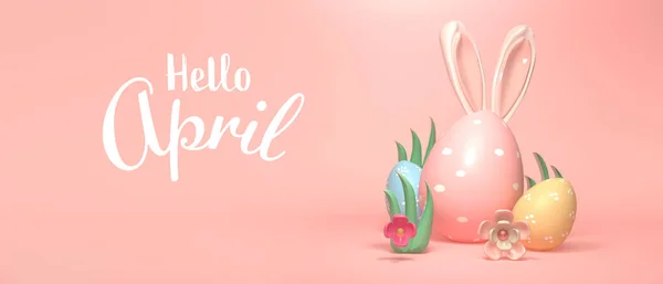 Olá Mensagem Abril Com Ovos Páscoa Coloridos Orelhas Coelho — Fotografia de Stock