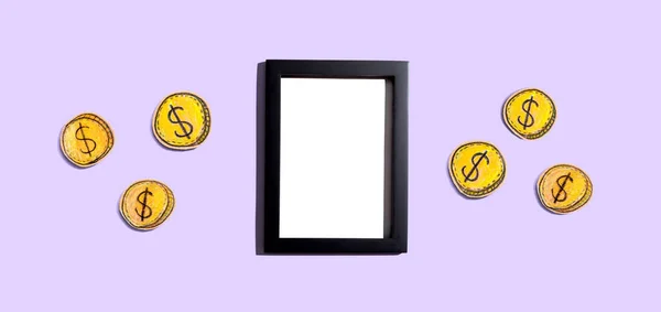 Blank Photo Frame Coins Earn Online Work Home Themes — Stock Photo, Image