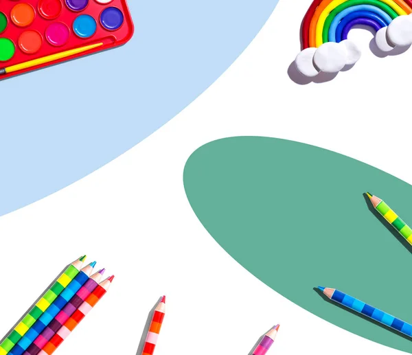 Art Supplies Rainbow Overhead View Flat Lay — Stockfoto