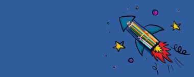 Elle çizilmiş roket ve renkli kalemlerle okula dönüş teması