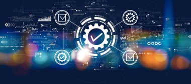 Gece bulanık şehir ışıklarıyla kalite kontrol onayı