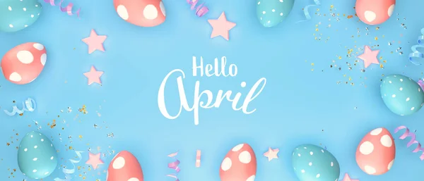 Hallo April Bericht Met Paaseieren Met Voorjaarsvakantie Pastelkleuren — Stockfoto