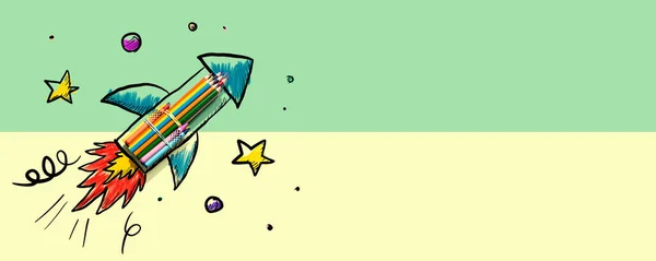 Вернуться Теме Школы Нарисованными Вручную Ракетами Цветными Карандашами — стоковое фото
