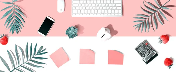 stock image Computer keyboard with office supplies - flat lay