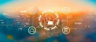 Gün batımında veya gün doğumunda bulanık şehir manzarası ile uzak çalışma temasıName