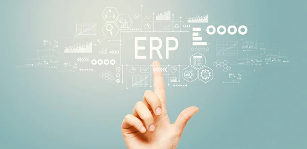 Erp Enterprise Resource Planning Theme Hand Pressing Button Technology Screen — стоковое фото