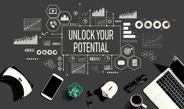 Unlock Your Potential Theme Electronic Gadgets Office Supplies Flat Lay — Zdjęcie stockowe