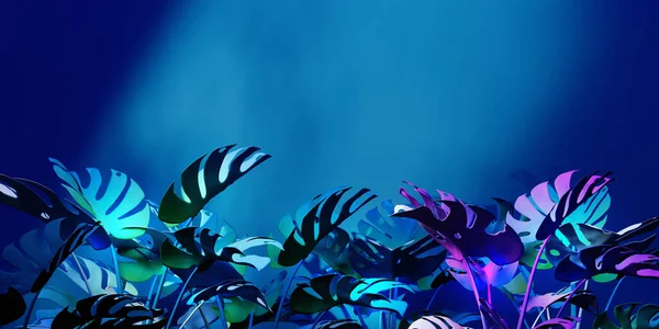 Tropische Monsterblätter Mit Neonlicht Render — Stockfoto