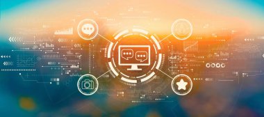 Gün batımında veya gün doğumunda bulanık şehir manzarası ile sosyal medya teması