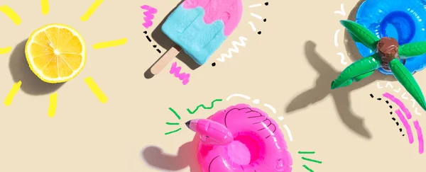 Summer Concept Flamingo Float Lemon Sunlight Popsicle Flat Lay — 图库照片