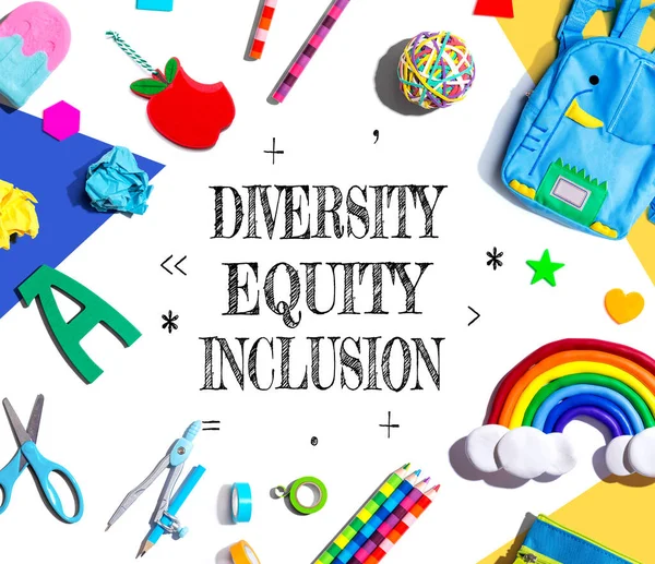 Diversity, Equity and Inclusion theme with school supplies overhead view - flat lay