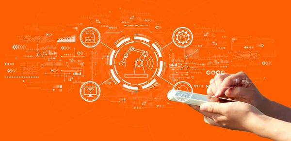Smartes Branchenkonzept Mit Smartphone Auf Orangefarbenem Hintergrund — Stockfoto