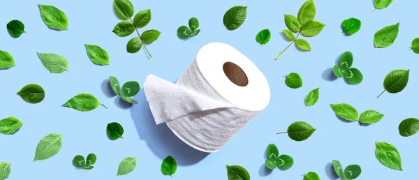 Рулон Туалетной Бумаги Зелеными Листьями Плоский Лежал — стоковое фото