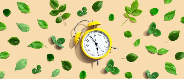 緑の葉と黄色のヴィンテージ目覚まし時計 フラットレイ — ストック写真