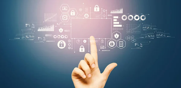 Teknoloji Ekranındaki Bir Düğmeye Elle Basarak Siber Güvenlik Teması — Stok fotoğraf