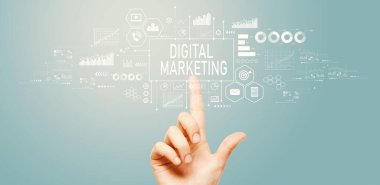 Digital marketing with hand pressing a button on a technology screen